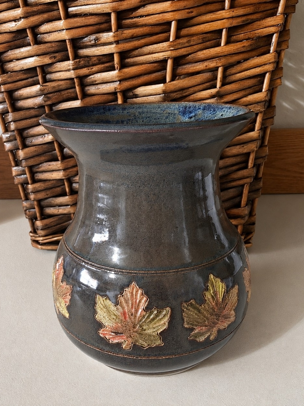 Vintage Ceramic Pottery Vase Autumn Leaf Rustic Cottagecore Farmhouse Earthy Art